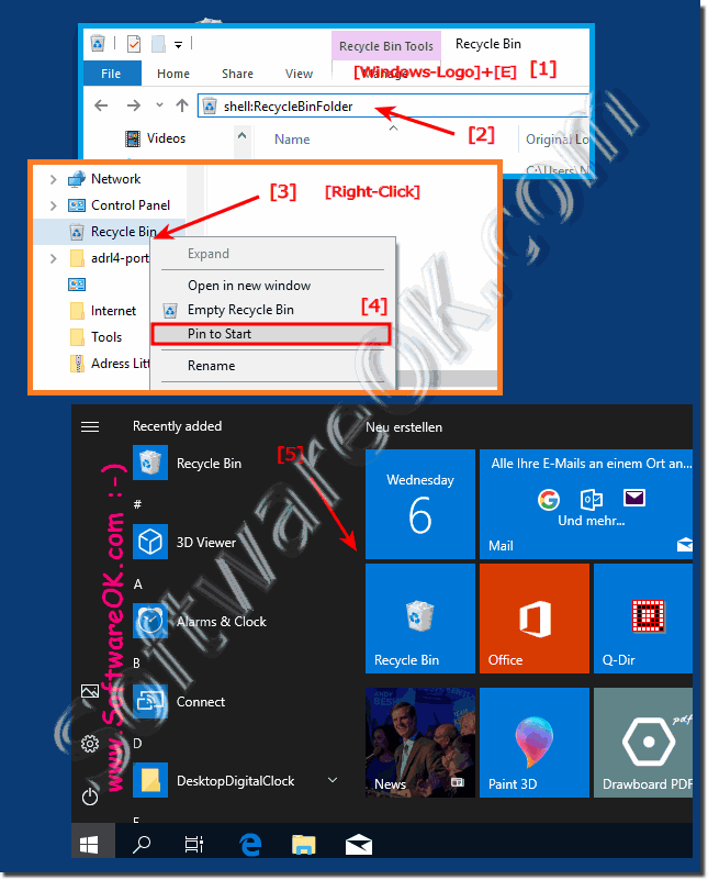 Place the recycle bin in the Windows 10 Start menu!
