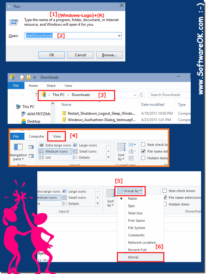 Explorer download folder view turn off grouping on Windows 10!