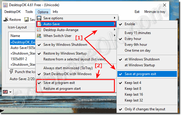 Restore and save the desktop icons at Program start!