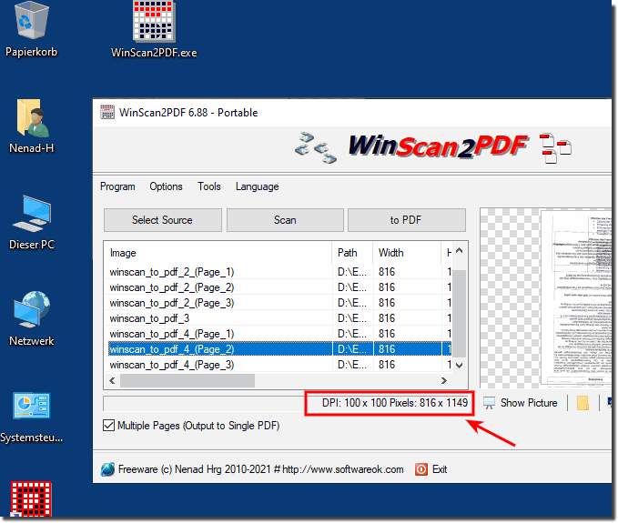 Example value at DPI 100 DIN A4 when scanning!