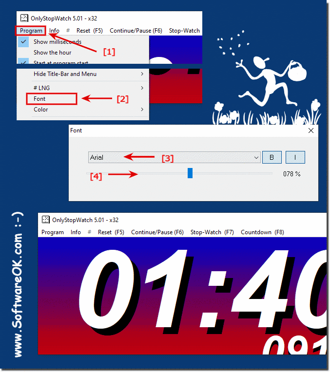 Change the font or font size of the stopwatch on MS Windows?