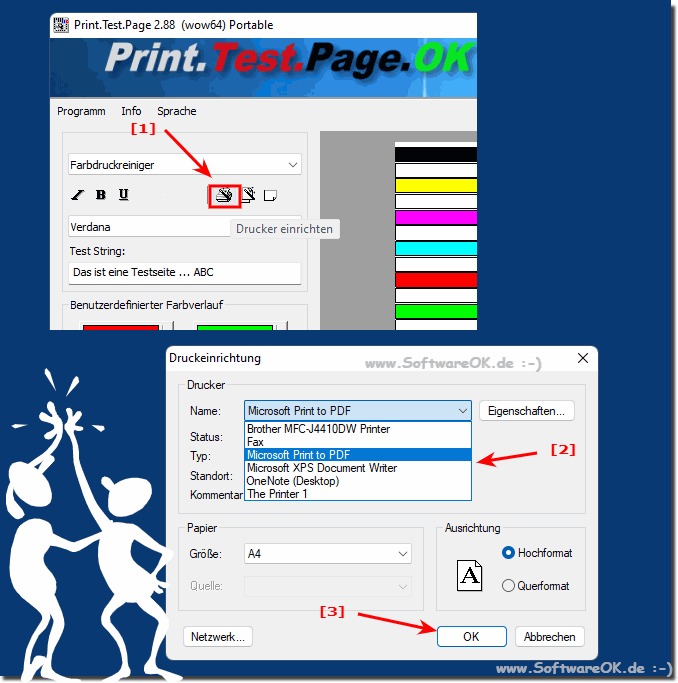 Select printer for printing test pages under Microsoft Windows!