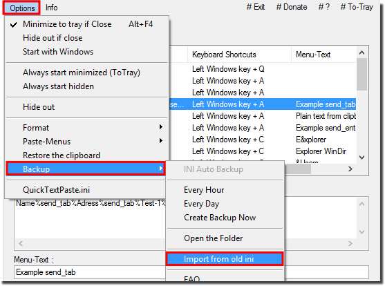 Import Text and Windows Commands from old ini file!
