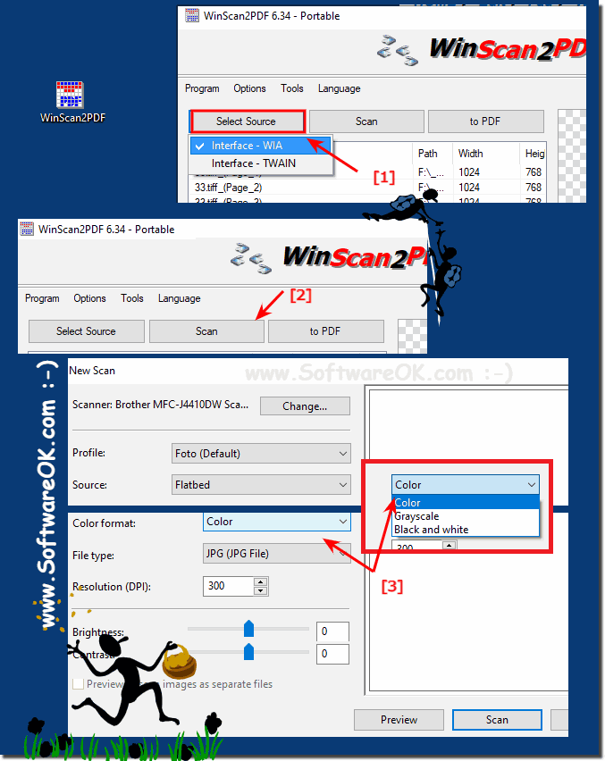 Change WIA scanner profile Select color format, color, grayscale, black and white!
