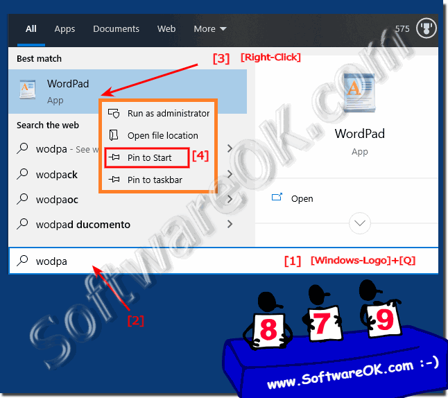 Find and Start the WordPad via Windows-10 Search-Box!