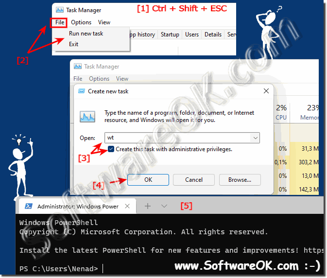 Windows terminal as administrator via the Windows 11 task manager