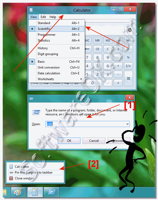 Find the calculator in Windows 8 (open, start, run)