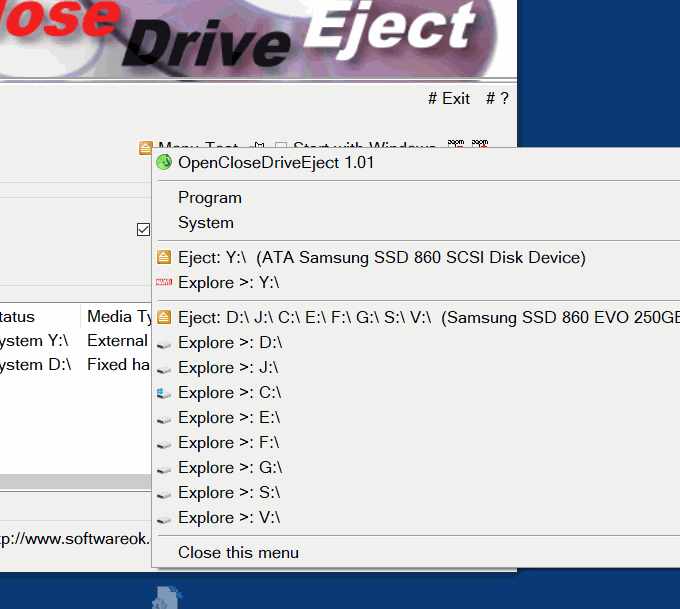 Easy Drive Eject Access via Task-Bar-Tray Menu and Explore!