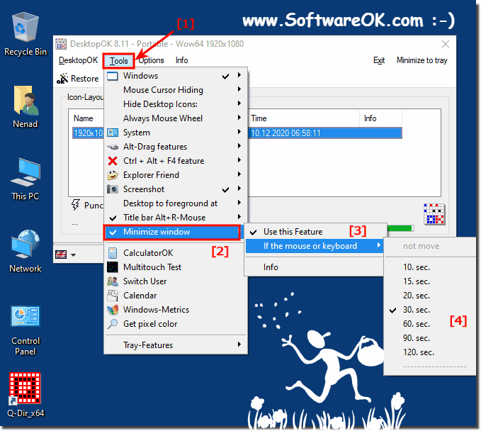 Minimize all windows if the mouse pointer does not move for a certain time!