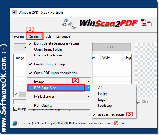 Scanned page size to PDF A4, A3, A2, A1 on al Windows Desktop and Server!
