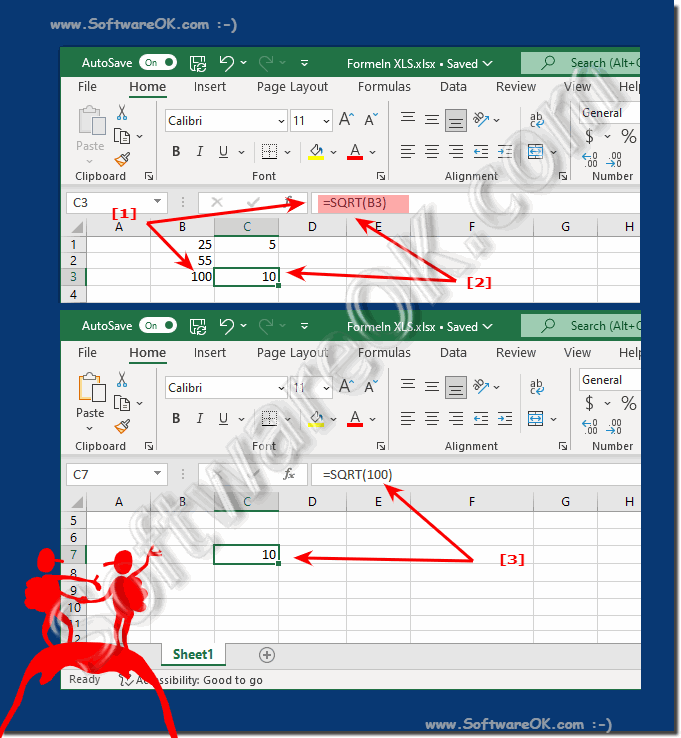 Calculate the square root in Microsoft Excel via SQRT!