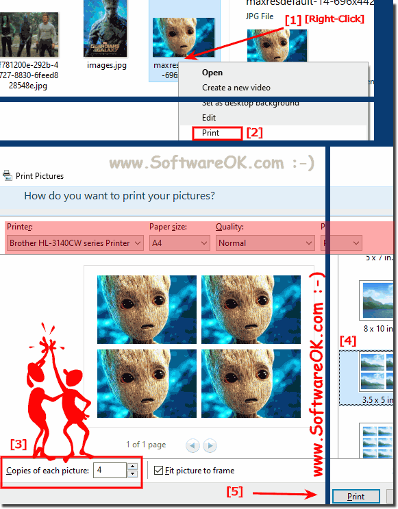 How can I select and print images in MS File Explorer?