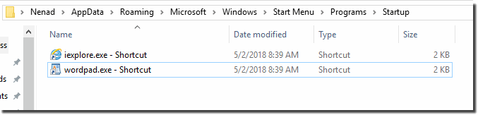 Shortcut in auto startup folder on Windows-10!