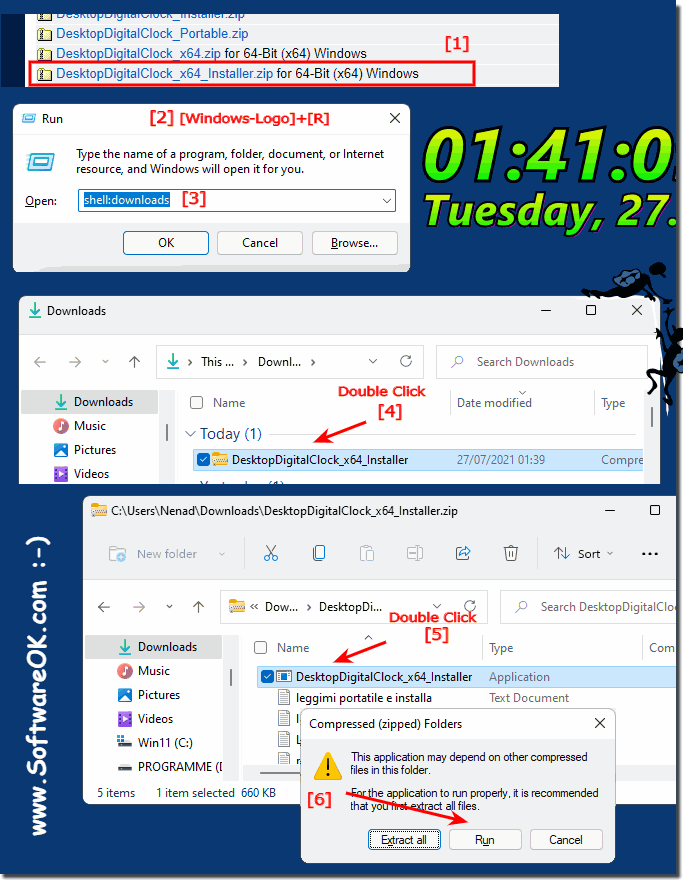 How do I add a desktop clock to the Windows 11 desktop?