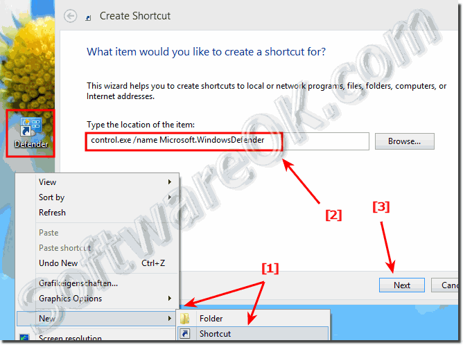 Create desktop shortcut for Windows-8 Defender