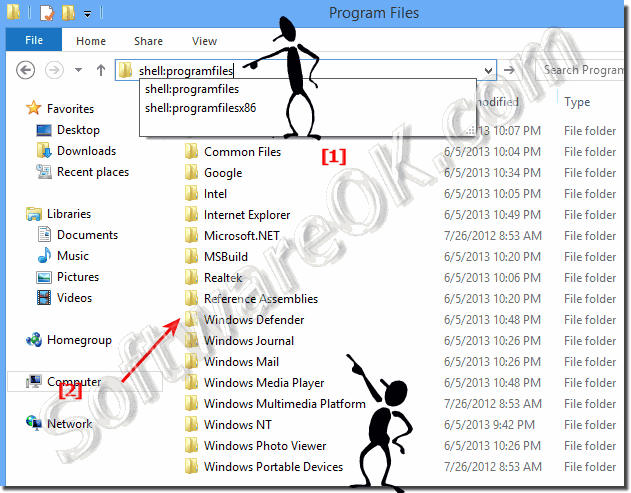 How can I quickly open the Program Files folder in Windows 8, (find)?