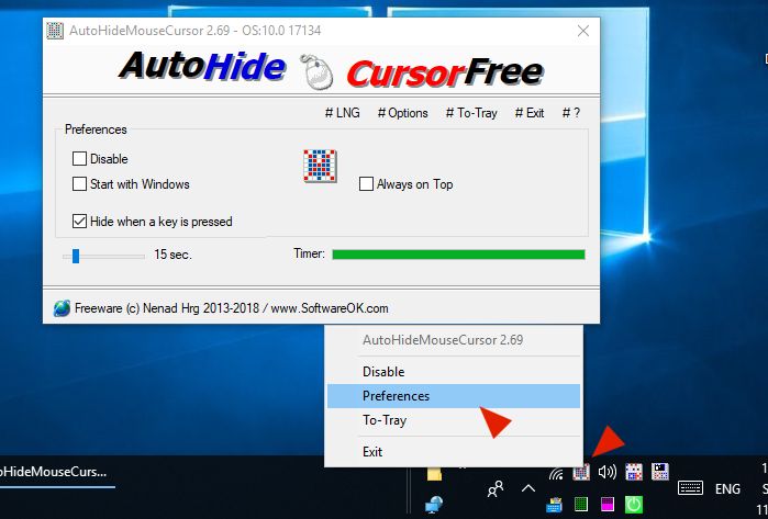 AutoHideMouseCursor 2 Mouse Cursor Hide Disable via the Windows taskbar 
